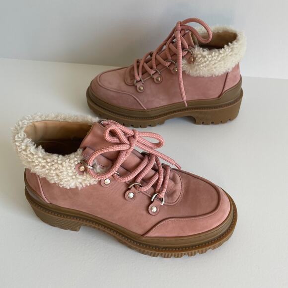 M. Gemi The Alpi Boot Womens Muted Pink Suede Lug‎ Shearling Ankle Size 8 Nwob - Picture 2 of 8